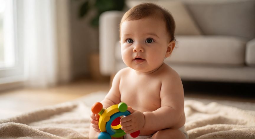 covid 19 9 month old, Bebé de 9 meses sano jugando con un juguete de madera sobre una manta suave