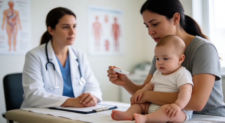covid 19 9 month old, Madre midiendo la temperatura a su bebé de 9 meses en una consulta pediátrica