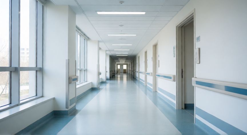 covid 19 actualmente 2026, Pasillo de hospital moderno y desinfectado representando el entorno sanitario actual