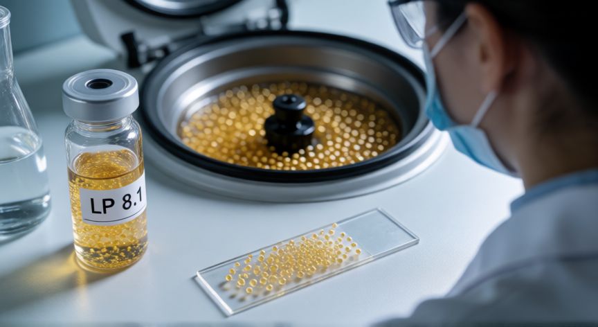 covid 19 arnm lp 8.1, Científico analizando nanopartículas lipídicas LP 8.1 en un laboratorio de biotecnología