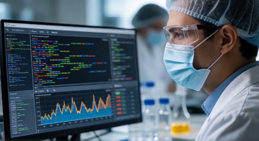covid 19 base de datos, Científico analizando datos genómicos de COVID-19 en una computadora