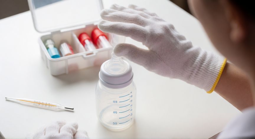 covid 19 bebes, Manos de madre cuidando la higiene y preparación del biberón para el bebé
