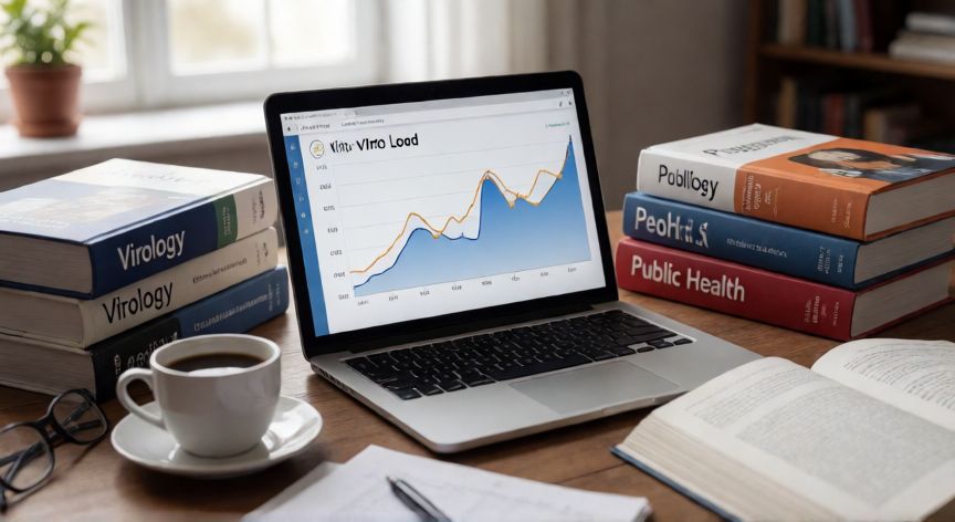 covid 19 bibliografía, Mesa de trabajo académica con revistas científicas sobre virología y salud pública abiertas junto a una laptop