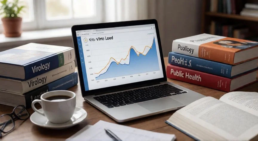 Mesa de trabajo académica con revistas científicas sobre virología y salud pública abiertas junto a una laptop