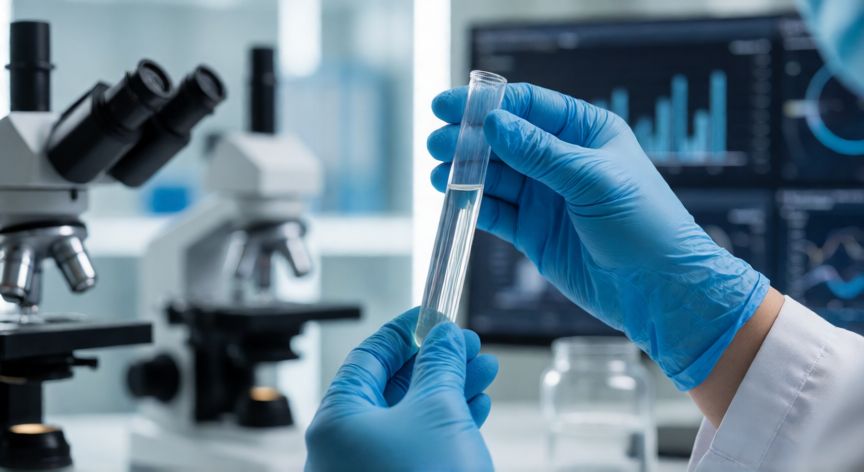 covid 19 bibliografía, Investigador en un laboratorio de virología sosteniendo una muestra de prueba para el análisis del virus