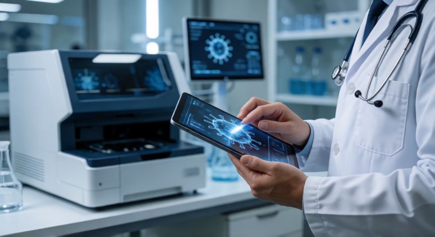 covid 19 biodescodificacion, Médico analizando datos de salud y diagnóstico científico en un laboratorio moderno