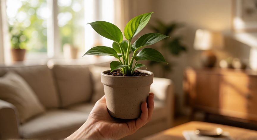 covid 19 biodescodificacion, Manos sosteniendo una planta en un ambiente hogareño cálido, simbolizando bienestar emocional