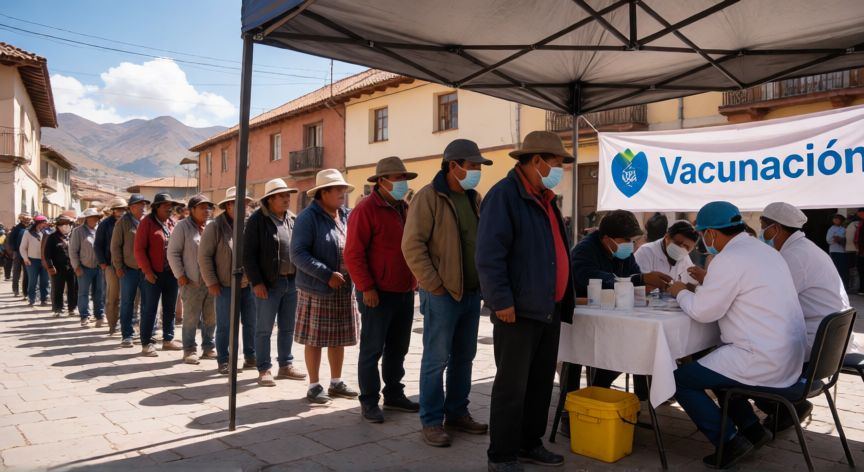 covid 19 bolivia, Centro de vacunación masiva en una plaza de Bolivia con participación comunitaria