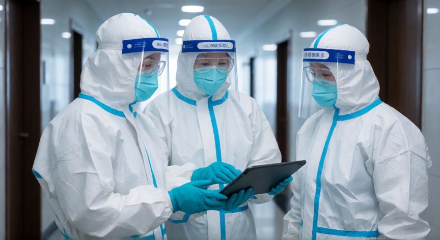 covid 19 casa blanca, Equipo médico en un pasillo gubernamental revisando datos de salud