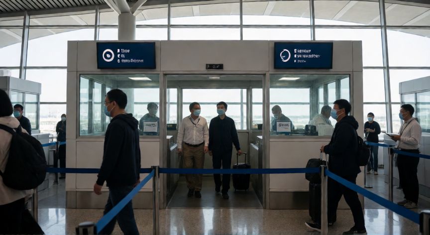 covid 19 certificado, Escena de aeropuerto internacional con viajeros en controles de seguridad