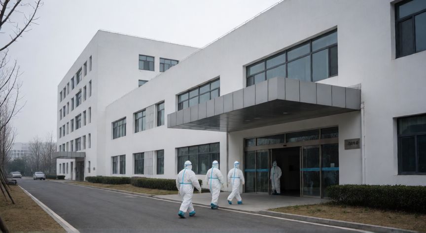 covid 19 china, Fachada de un hospital moderno en Wuhan con personal médico con trajes de protección