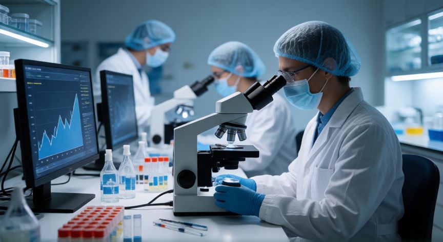 covid 19 china, Científicos en un laboratorio analizando muestras de coronavirus con pantallas de datos