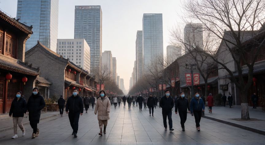 covid 19 china 2026, Vista realista de una calle en China con peatones y arquitectura moderna durante el invierno