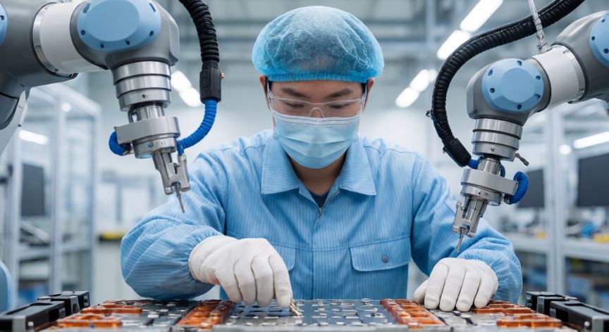 covid 19 china 2026, Trabajador chino en una planta de fabricación avanzada de baterías para vehículos eléctricos