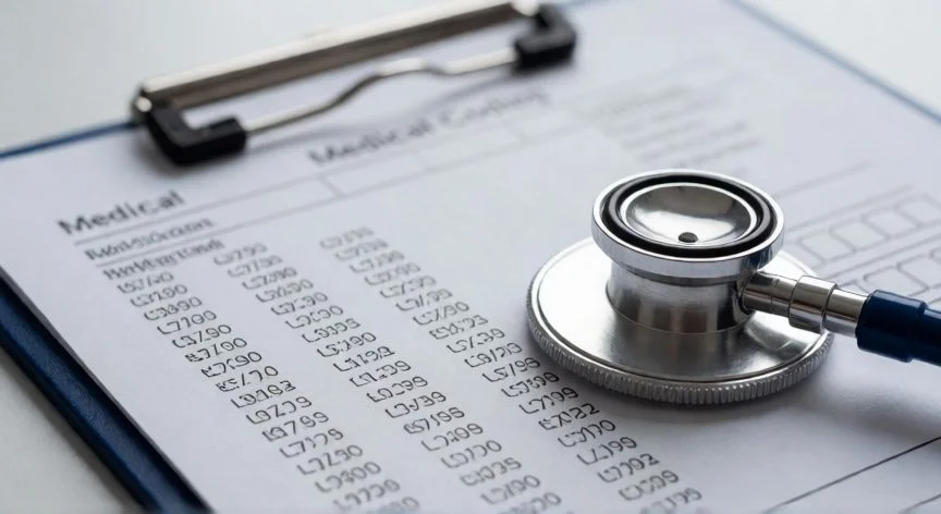 Tabla de códigos médicos CIE-9 con estetoscopio en un entorno clínico