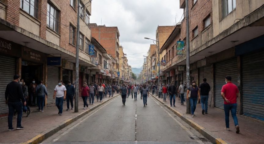covid 19 colombia, Calle comercial en Colombia con poca actividad durante la pandemia por coronavirus
