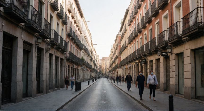 covid 19 confinamiento españa, Calle vacía en España durante el confinamiento por COVID-19 con personas usando mascarillas