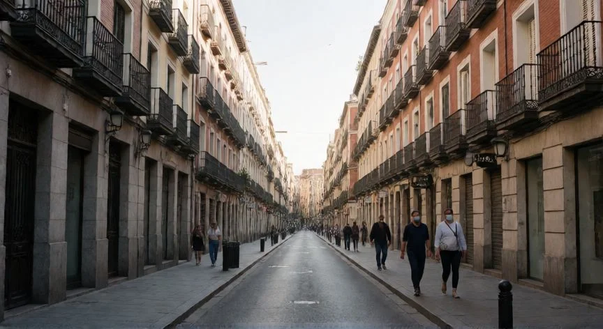Calle vacía en España durante el confinamiento por COVID-19 con personas usando mascarillas