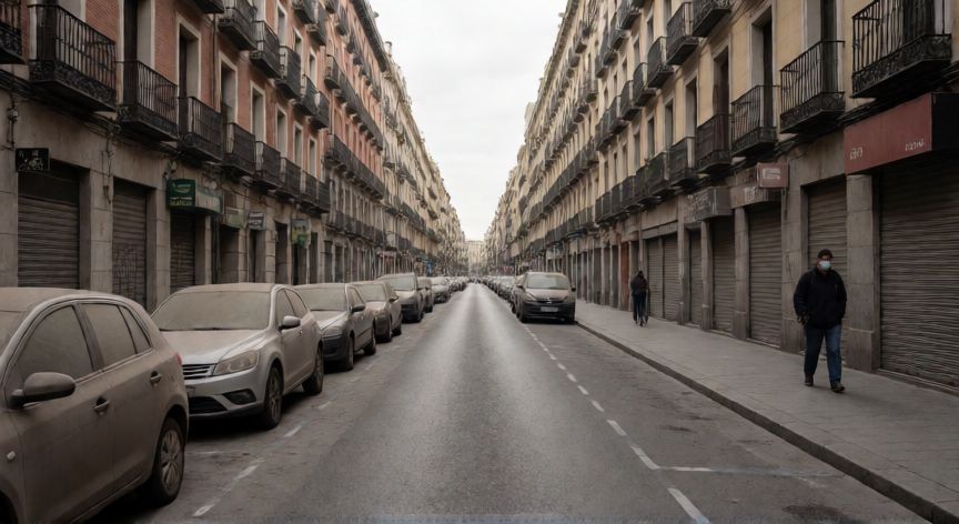 covid 19 cuando empezo en españa, Calle vacía en Madrid durante el confinamiento por la pandemia