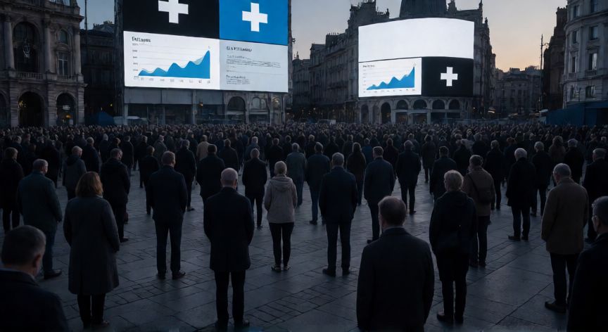 covid 19 deaths, Multitud en silencio bajo la luz de atardecer con pantallas de datos médicos al fondo