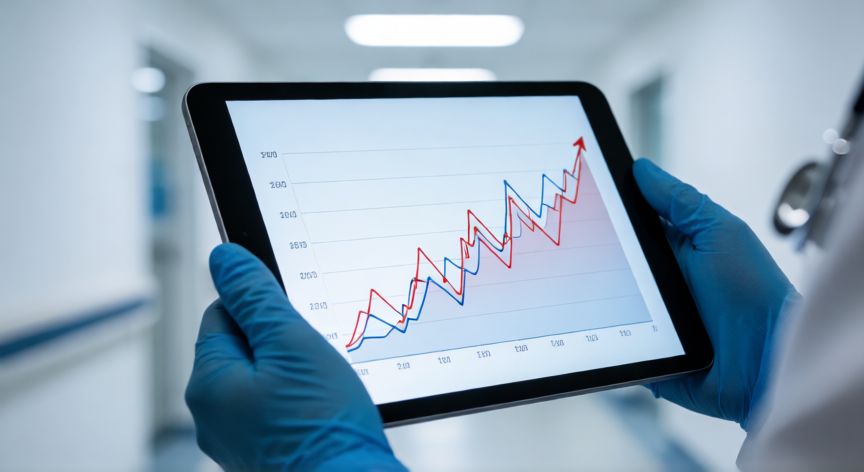 covid 19 deaths, Manos de médico con guantes azules analizando gráficos de mortalidad en una tablet