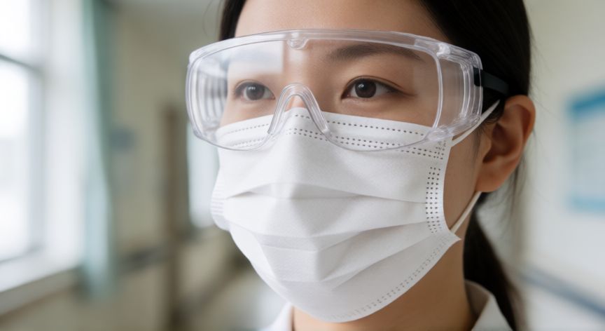 covid 19 definicion, Persona con mascarilla quirúrgica y gafas de protección en entorno médico
