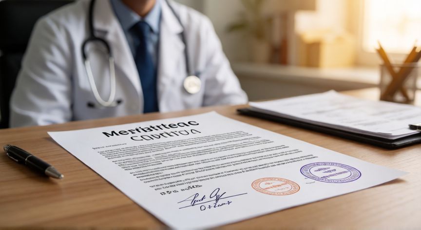 covid 19 descargar certificado, Escritorio médico con un certificado sanitario impreso con sellos oficiales y firma profesional