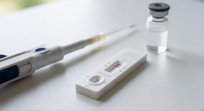 covid 19 diagnostico, Dispositivo de prueba rápida de antígeno mostrando resultado positivo