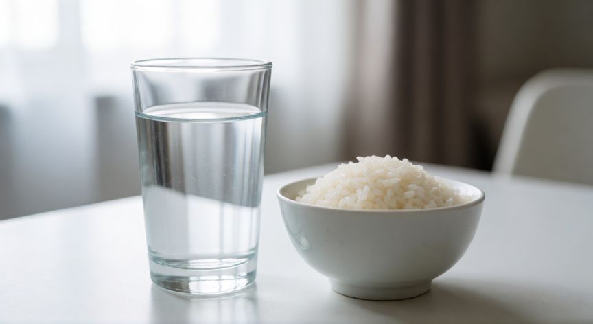 covid 19 diarrea, Vaso de agua y cuenco de arroz para hidratación durante la recuperación del COVID-19