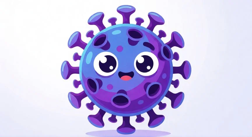Dibujo animado simpático de un coronavirus con ojos grandes y estilo educativo