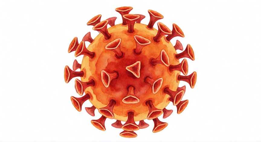 covid 19 dibujo facil, Ilustración coloreada del coronavirus en tonos naranjas y rojos