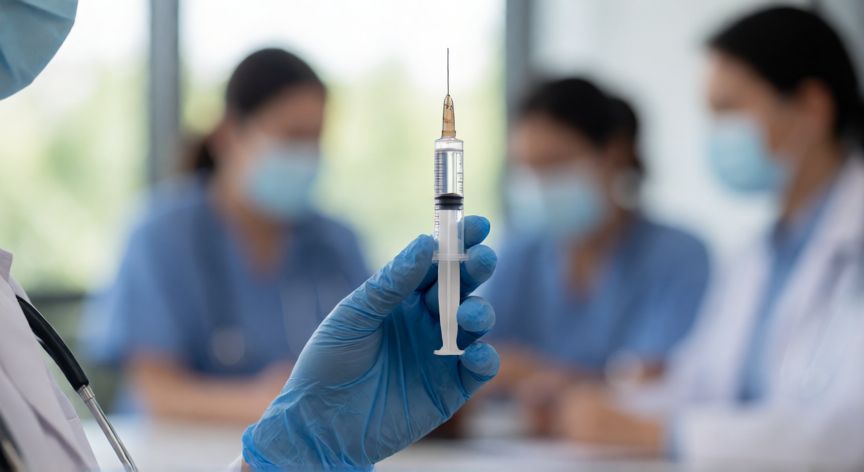 covid 19 dosis, Fotografía realista de una jeringa con vacuna COVID-19 en un entorno médico