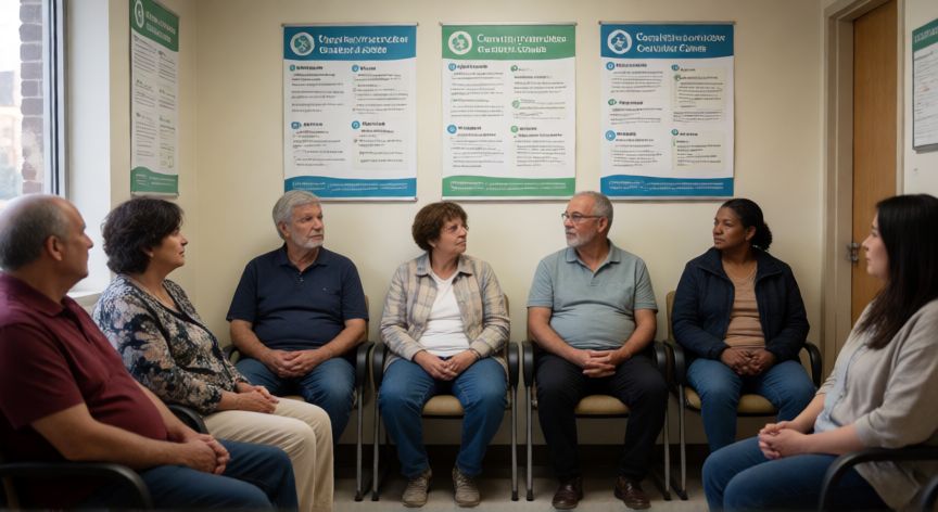 covid 19 dosis, Personas en una sala de espera de un centro de salud mirando carteles informativos de vacunación