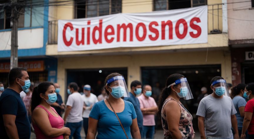 covid 19 el salvador, Ciudadanos usando mascarillas en una calle de San Salvador durante la pandemia