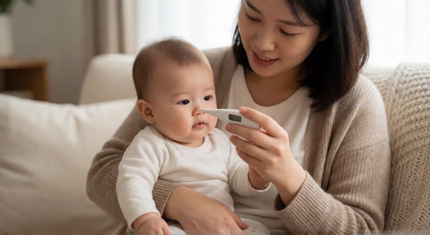 covid 19 en bebes de 7 meses, Madre midiendo la temperatura a un bebé de 7 meses con termómetro digital