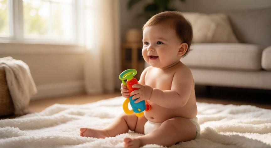 covid 19 en bebes de 8 meses, Bebé de 8 meses sonriendo y jugando con un juguete en casa