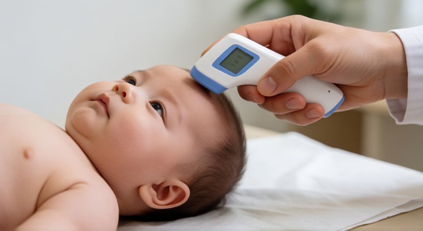 covid 19 en bebes de 8 meses, Pediatra tomando la temperatura a un bebé durante una consulta médica