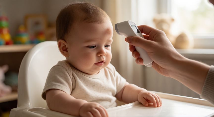covid 19 en bebes de 9 meses, Bebé de nueve meses siendo revisado por su padre con un termómetro digital