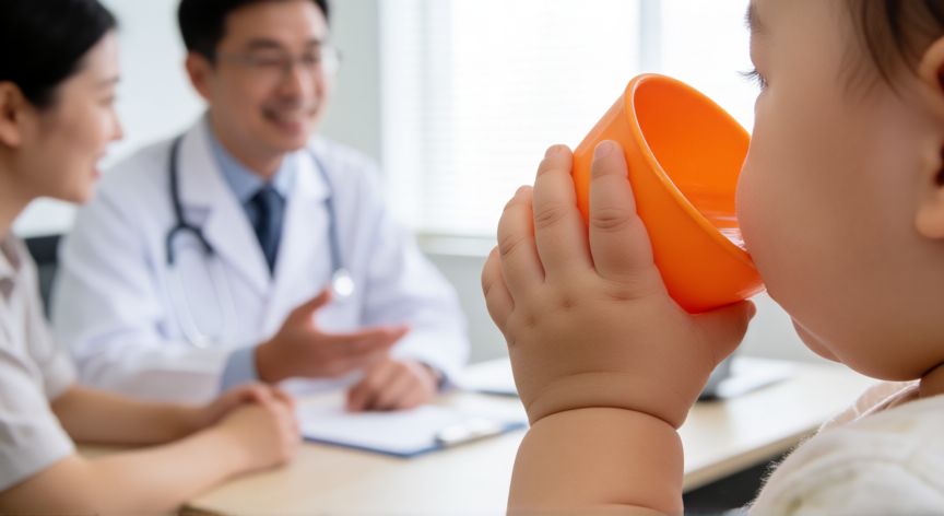 covid 19 en bebes de 9 meses, Cuidado médico y administración de líquidos a un bebé en consulta pediátrica