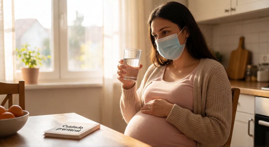 covid 19 en embarazadas, Mujer embarazada descansando en casa con máscara facial