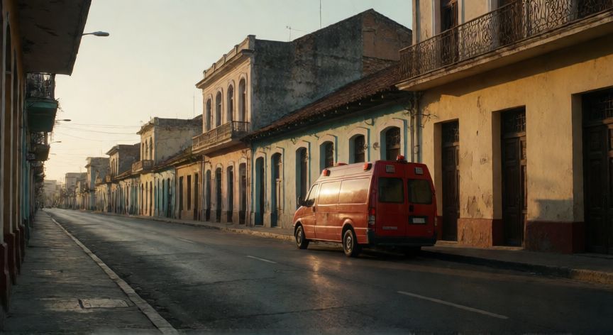 covid 19 en venezuela, Calle desierta en Maracaibo con una ambulancia estacionada al atardecer