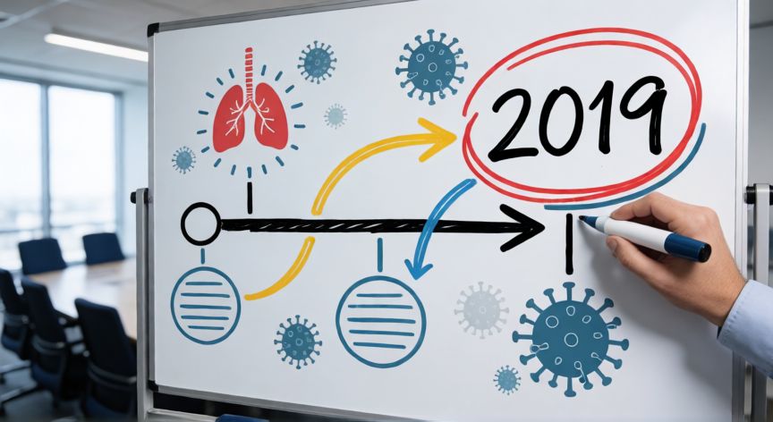 covid 19 es por el año 2019, Pizarra con esquema de la línea temporal epidemiológica destacando el año 2019