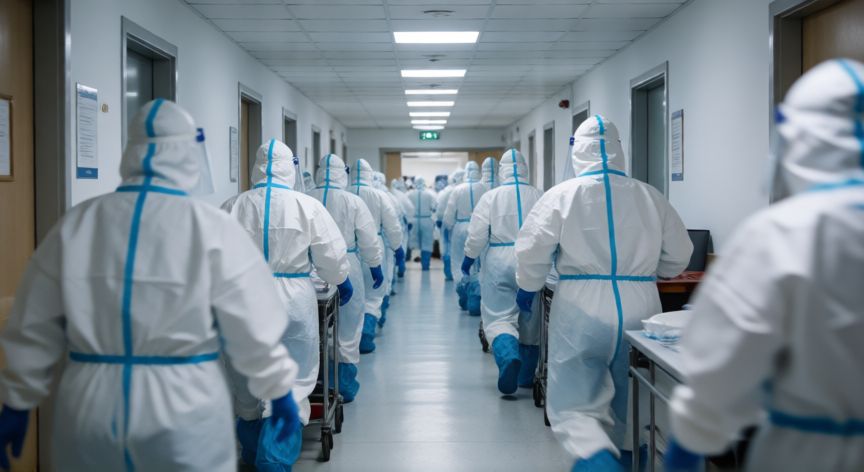 covid 19 españa, Pasillo de hospital en España durante la primera ola de la pandemia con personal sanitario