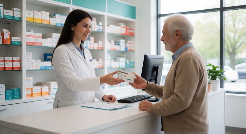 covid 19 españa, Farmacéutico entregando vacuna en una farmacia moderna con estantes de productos médicos