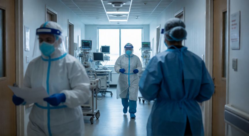 covid 19 estados unidos, Personal sanitario trabajando en un pasillo de hospital durante la pandemia