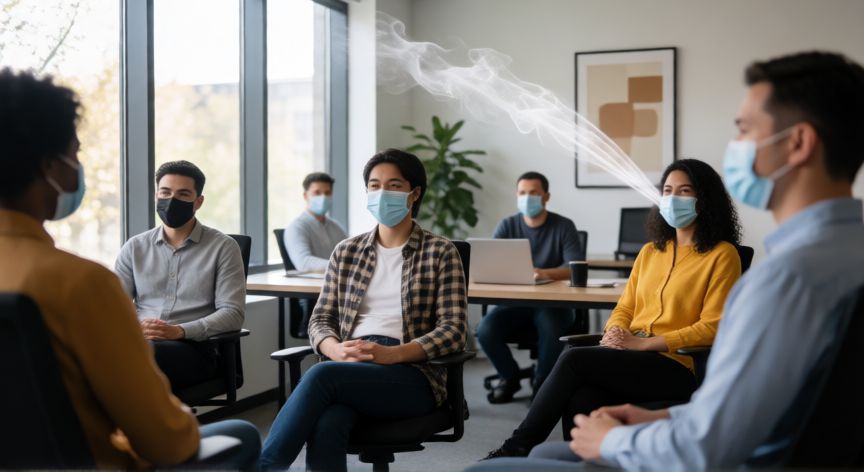 covid 19 factores de riesgo, Entorno de oficina con medidas preventivas y ventilación adecuada para reducir el riesgo de contagio