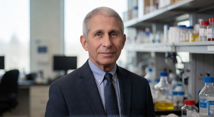 covid 19 fauci, Anthony Fauci de pie en un laboratorio científico con equipo de investigación al fondo