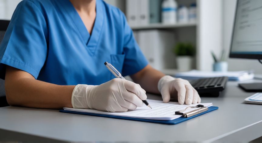 covid 19 ficha de notificacion, Médico completando la ficha de notificación de COVID-19 en una clínica moderna