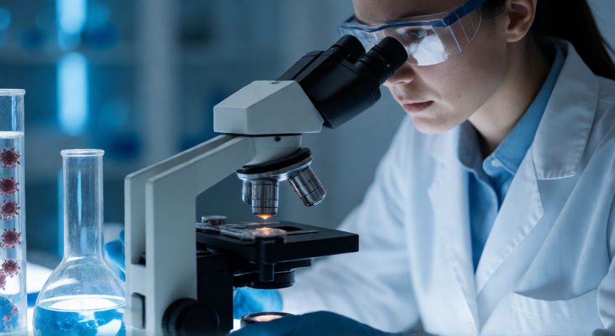 covid 19 fin de la pandemia, Investigador de laboratorio analizando muestras virales para vigilancia epidemiológica
