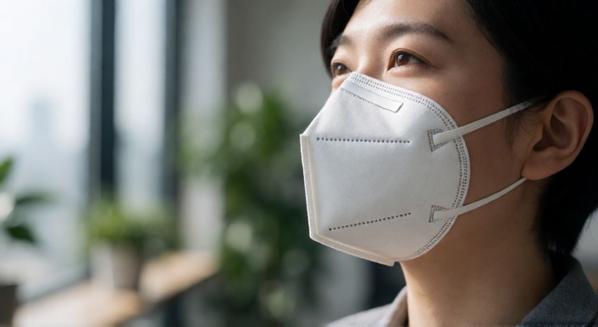 covid 19 formas de contagio, Persona usando mascarilla FFP2 en un entorno interior bien iluminado